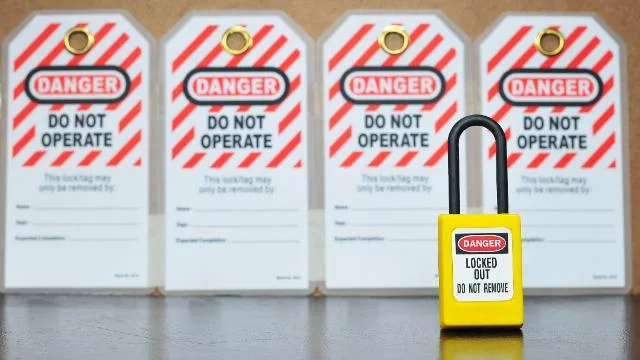 Lockout padlock and warning tags on electrical equipment